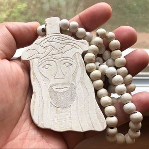 Unisex necklace, wood beaded Jesus Christ pendant